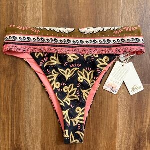 Agua Bendita Patterned Bikini Bottom with Pink and Gold Accents High Waisted